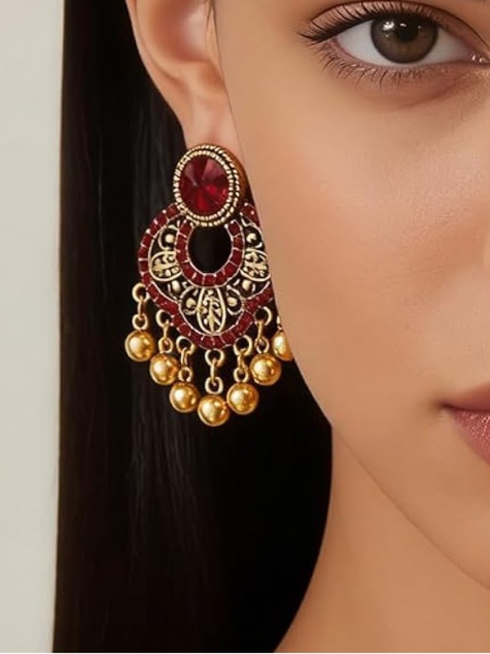 Anthropologie Gold-Tone Dangle Earrings with Ruby Red Accents
